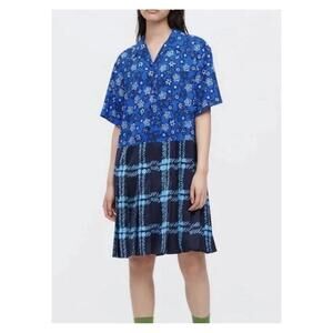 MARNI X UNIQLO Women's Cut Open Collar Pleated Skirt Plaid Floral Dress Size SM